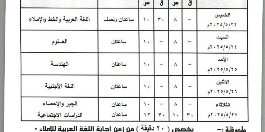 ننشر جدول امتحانات نهاية العام للشهادة الإعدادية بالقليوبية ـ موقع الآن نيوز